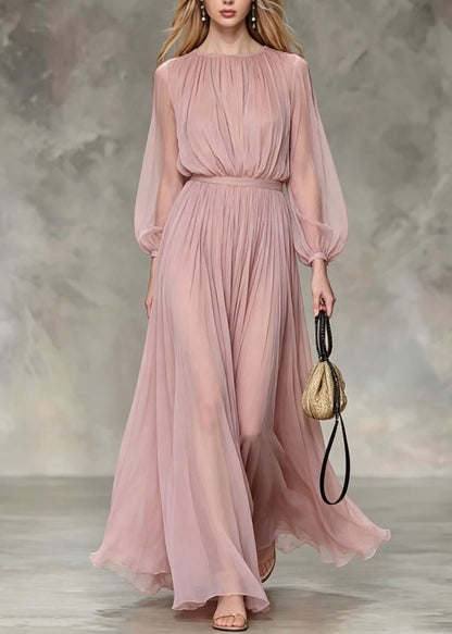French Pink O Neck Wrinkled Chiffon Two Pieces Set Fall
