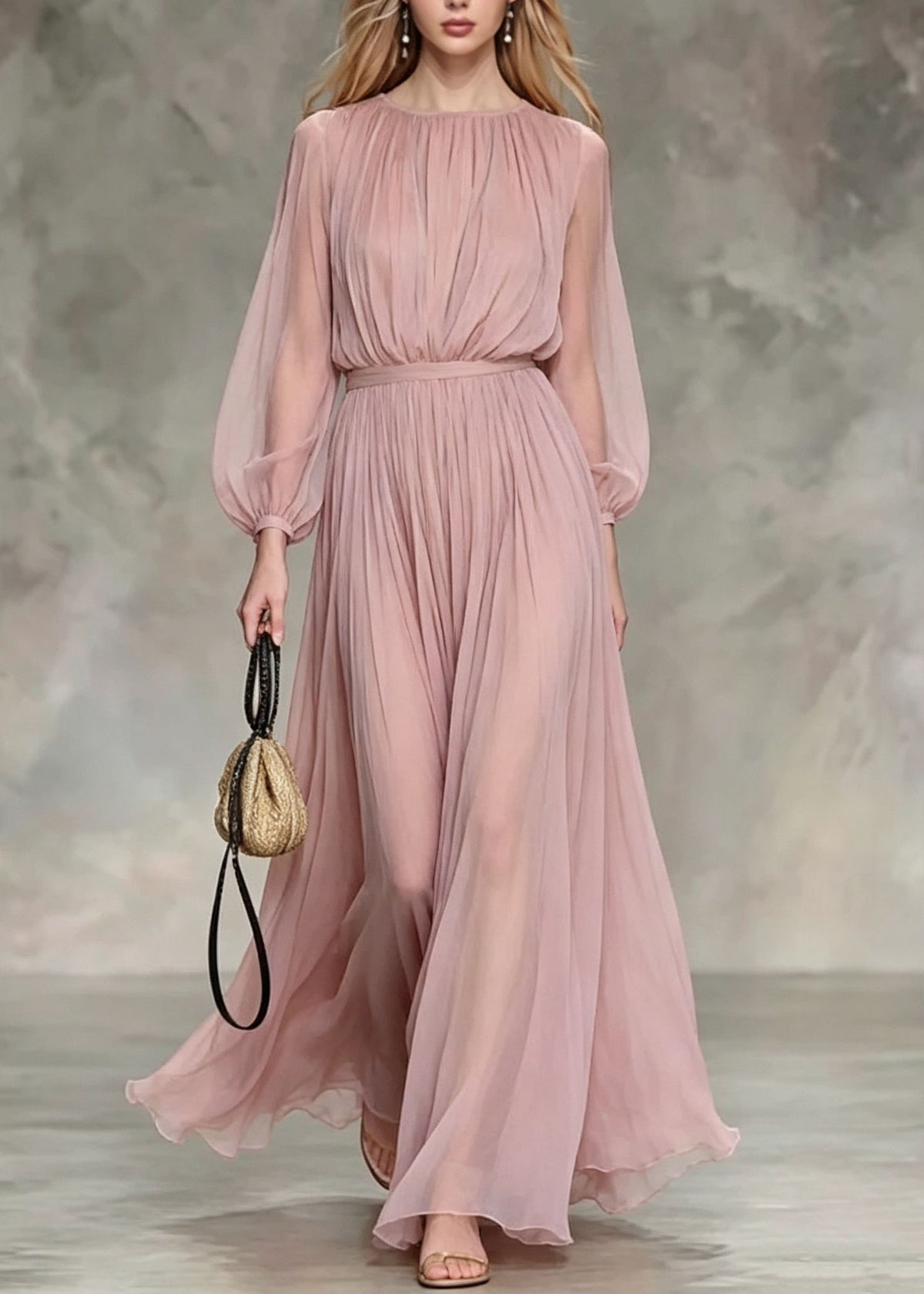 French Pink O Neck Wrinkled Chiffon Two Pieces Set Fall