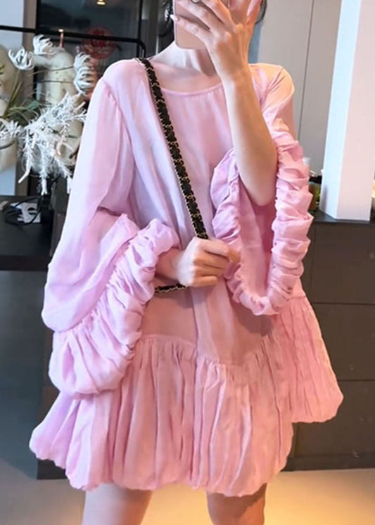 French Pink O Neck Wrinkled Patchwork Cotton Mid Dress Lantern Sleeve