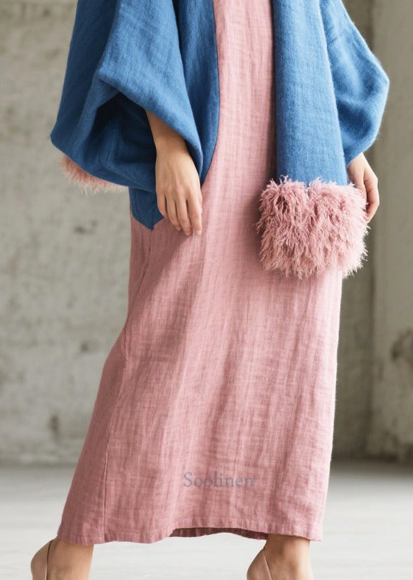 French Pink Oversized Patchwork Cotton Holiday Dress Lantern Sleeve