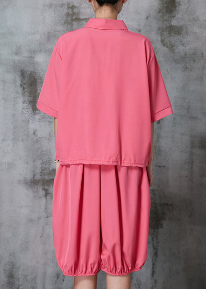 French Pink Oversized Print Cotton Two Pieces Set Spring