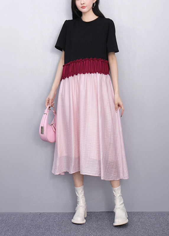 French Pink Patchwork Elastic Waist Maxi Dresses Summer