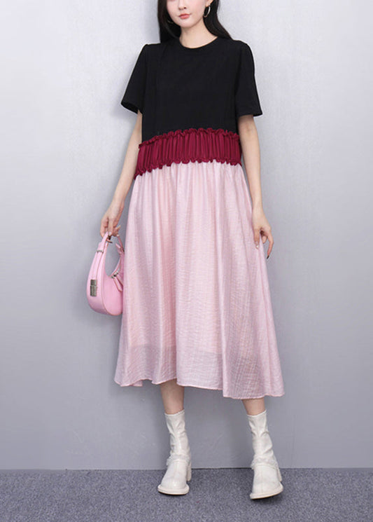 French Pink Patchwork Elastic Waist Maxi Dresses Summer