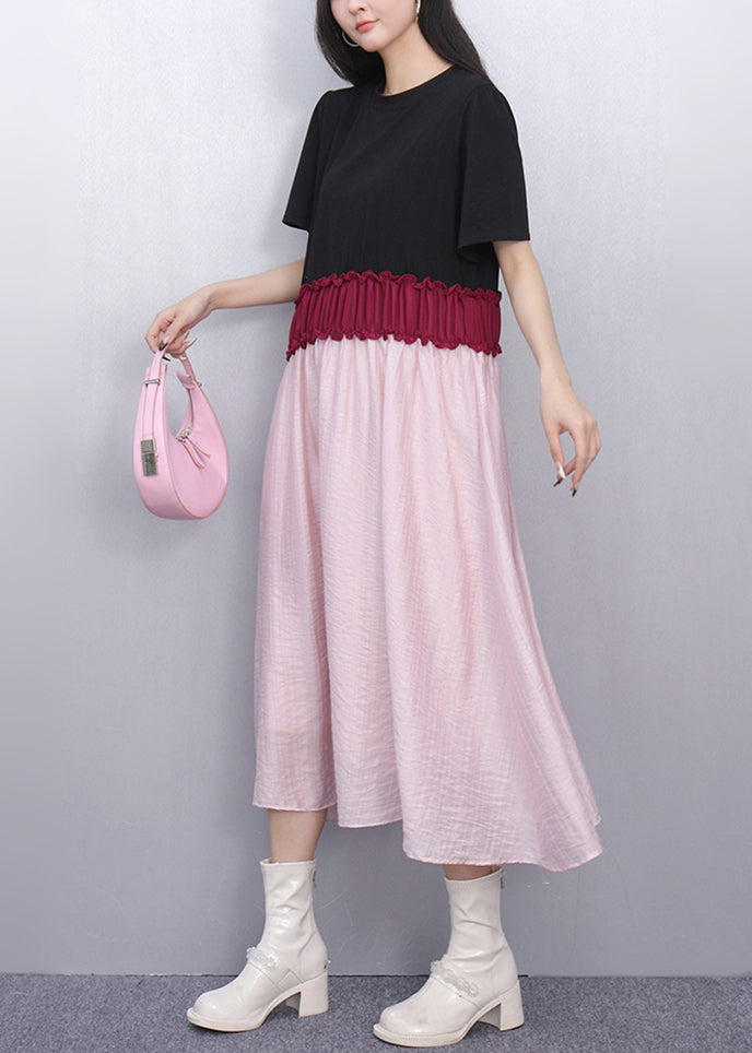 French Pink Patchwork Elastic Waist Maxi Dresses Summer