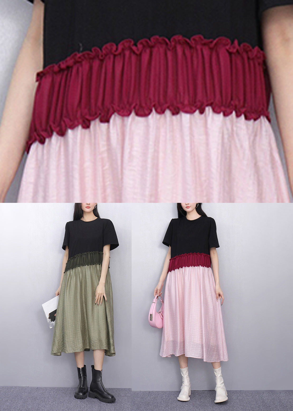 French Pink Patchwork Elastic Waist Maxi Dresses Summer