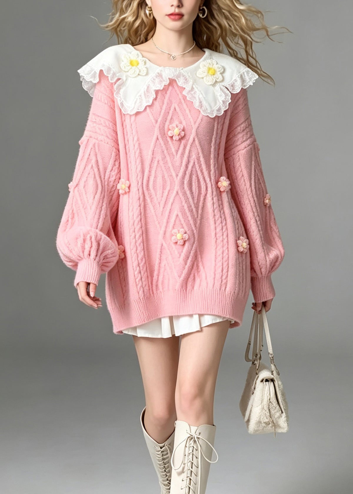 French Pink Peter Pan Collar Lace Patchwork Knit Sweaters Fall
