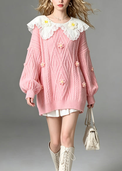 French Pink Peter Pan Collar Lace Patchwork Knit Sweaters Fall