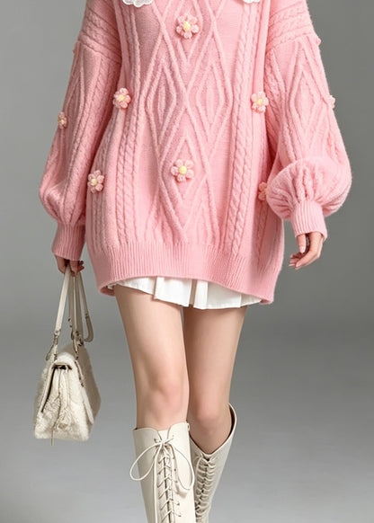 French Pink Peter Pan Collar Lace Patchwork Knit Sweaters Fall