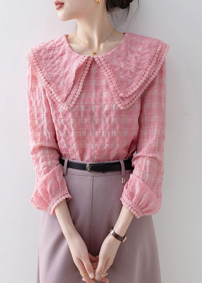 French Pink Peter Pan Collar Plaid Cotton Shirts Tops Spring