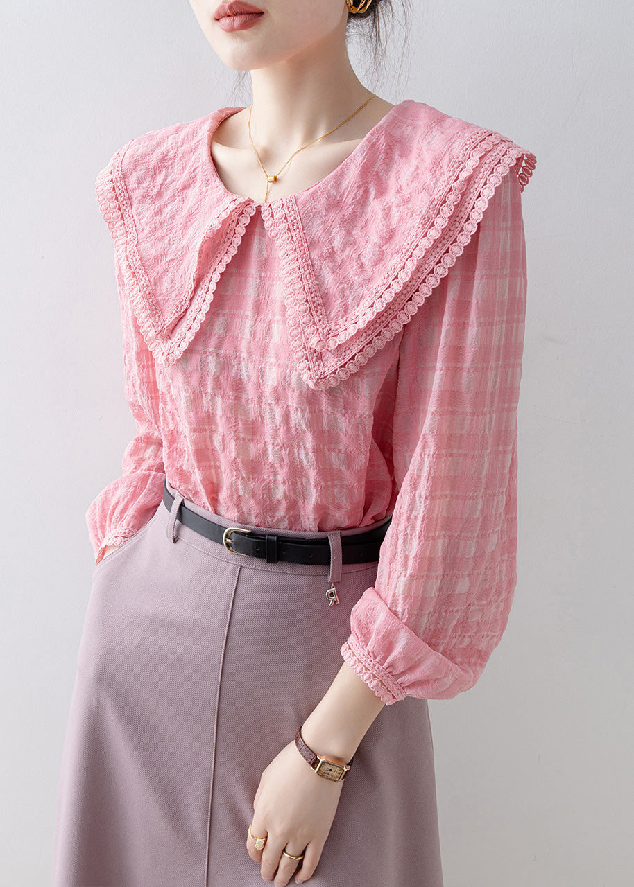 French Pink Peter Pan Collar Plaid Cotton Shirts Tops Spring