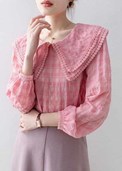 French Pink Peter Pan Collar Plaid Cotton Shirts Tops Spring