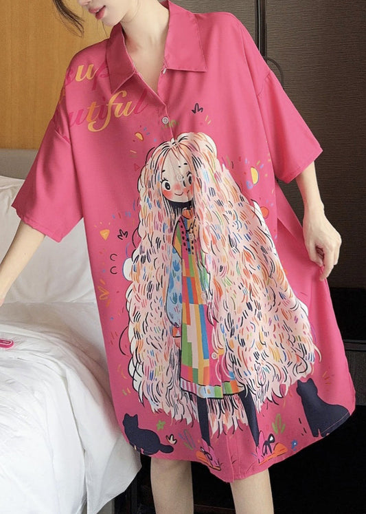 French Pink Peter Pan Collar Print Ice Silk Shirts Dress Summer