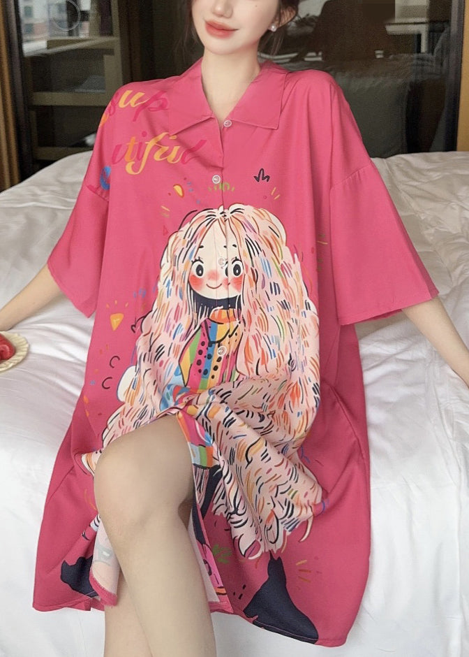 French Pink Peter Pan Collar Print Ice Silk Shirts Dress Summer