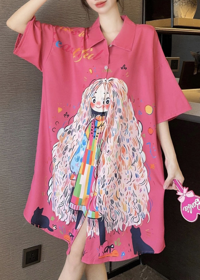 French Pink Peter Pan Collar Print Ice Silk Shirts Dress Summer