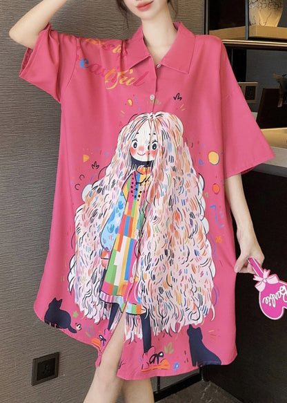 French Pink Peter Pan Collar Print Ice Silk Shirts Dress Summer