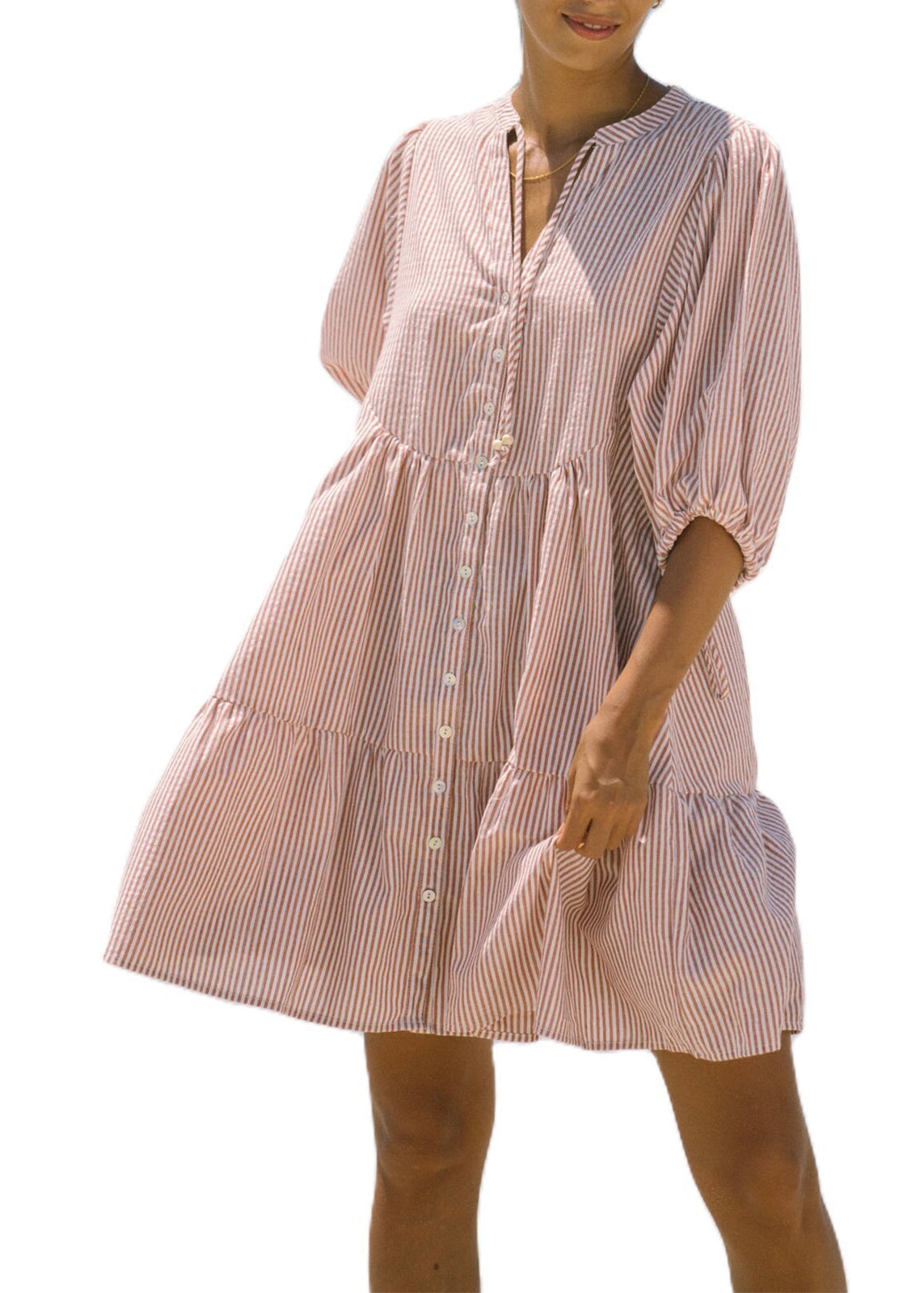 French Pink Peter Pan Collar Striped Mid Shirts Dress Half Sleeve