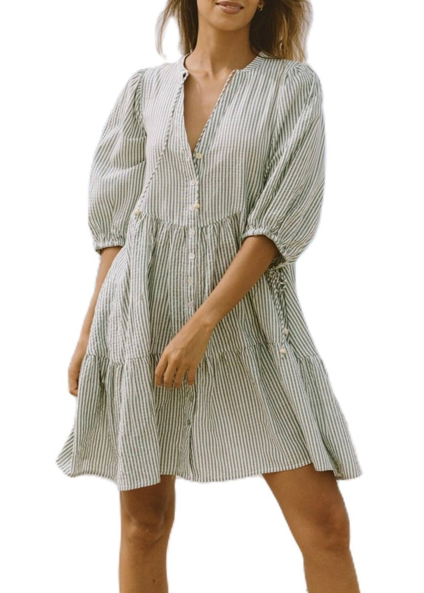 French Pink Peter Pan Collar Striped Mid Shirts Dress Half Sleeve