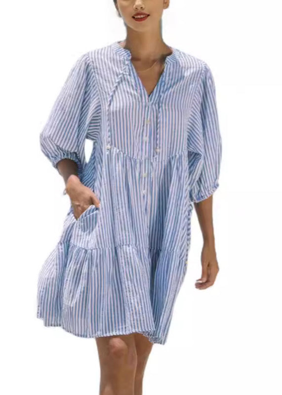 French Pink Peter Pan Collar Striped Mid Shirts Dress Half Sleeve
