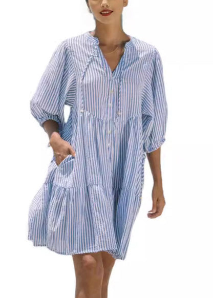 French Pink Peter Pan Collar Striped Mid Shirts Dress Half Sleeve