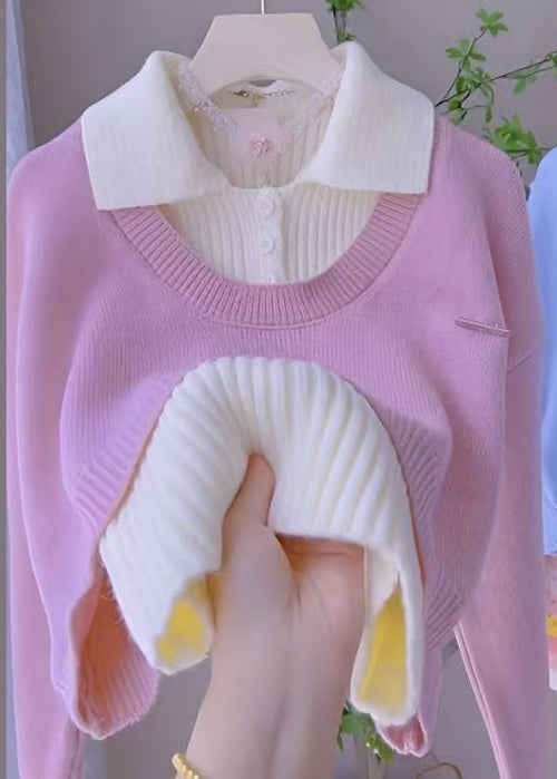 French Pink Peter Pan Collar Vest Knit Two Pieces Set Spring