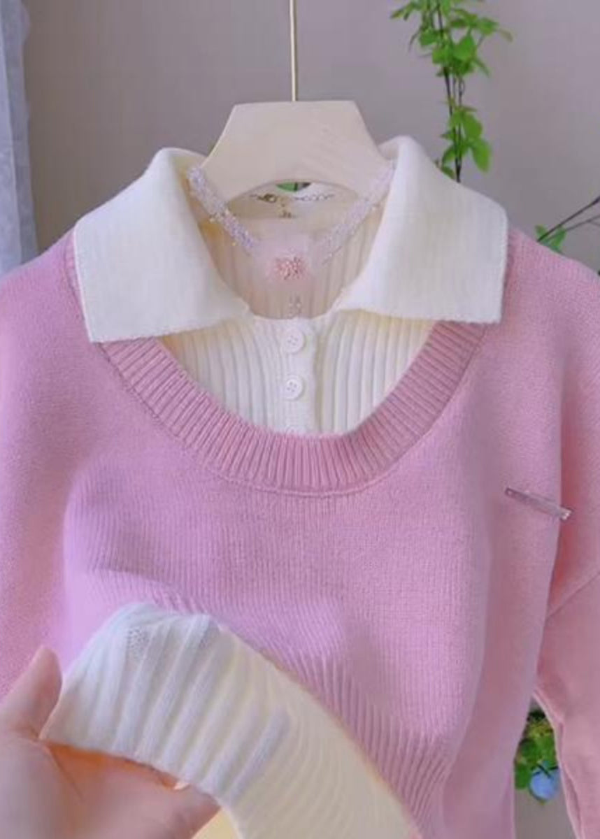 French Pink Peter Pan Collar Vest Knit Two Pieces Set Spring