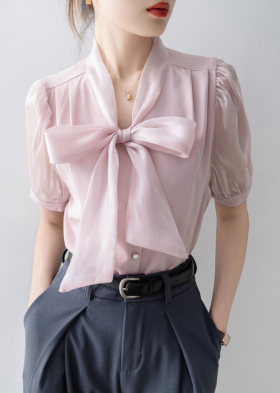 French Pink Print Lace Up Bow Chiffon Blouses Puff Sleeve