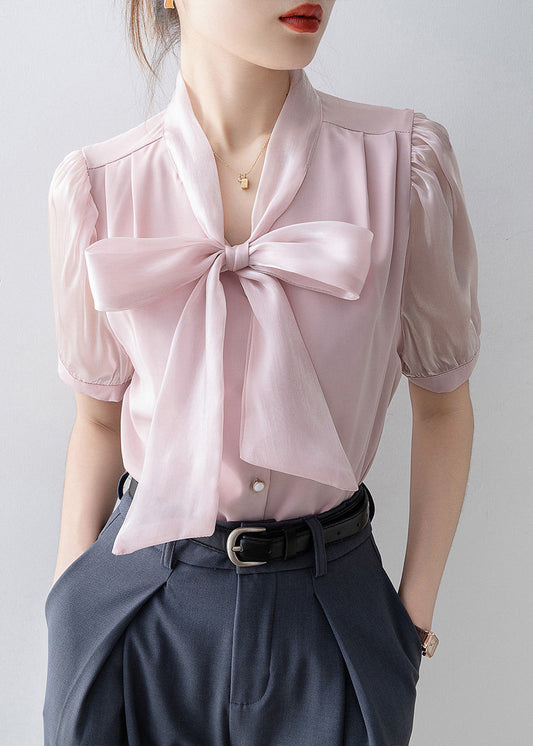 French Pink Print Lace Up Bow Chiffon Blouses Puff Sleeve