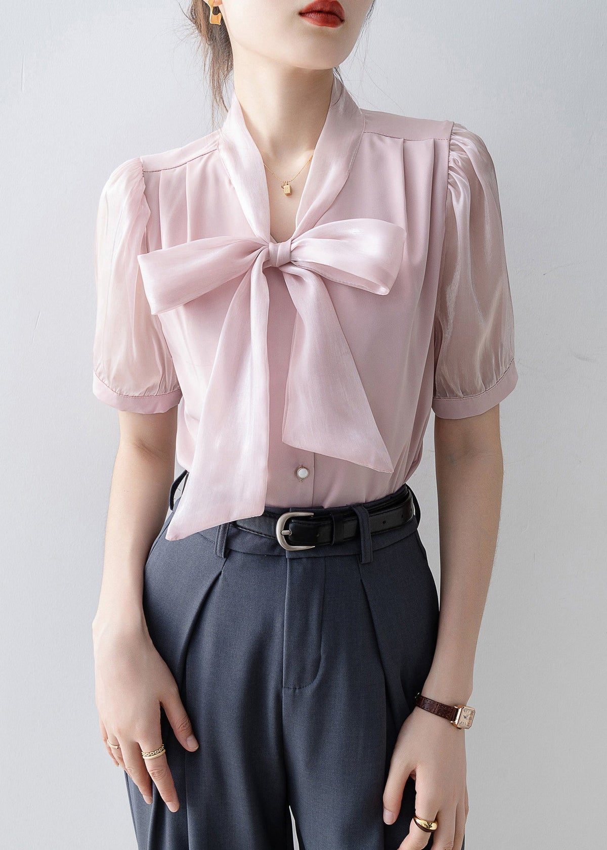 French Pink Print Lace Up Bow Chiffon Blouses Puff Sleeve