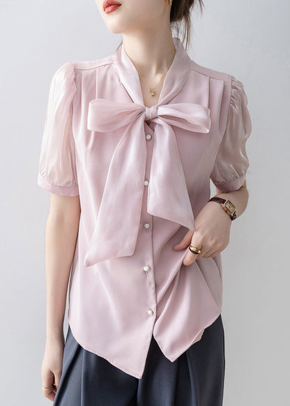 French Pink Print Lace Up Bow Chiffon Blouses Puff Sleeve