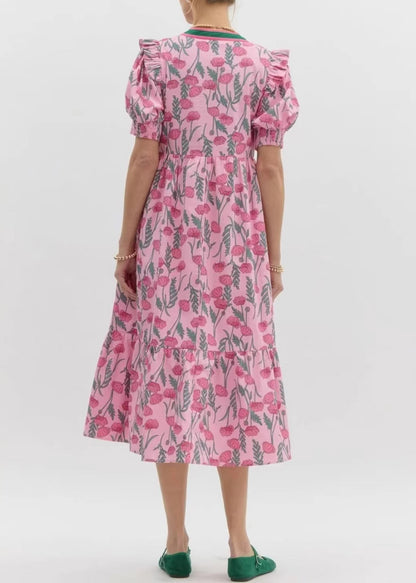 French Pink Puff Sleeve Ruffled Print Cotton Dress
