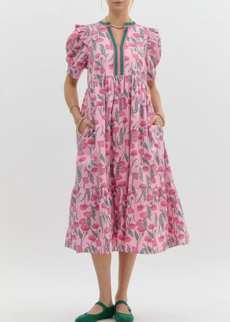 French Pink Puff Sleeve Ruffled Print Cotton Dress