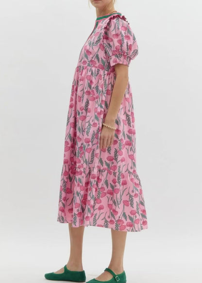 French Pink Puff Sleeve Ruffled Print Cotton Dress