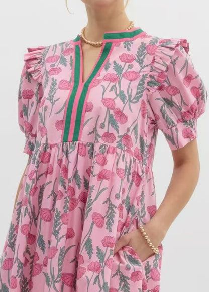 French Pink Puff Sleeve Ruffled Print Cotton Dress
