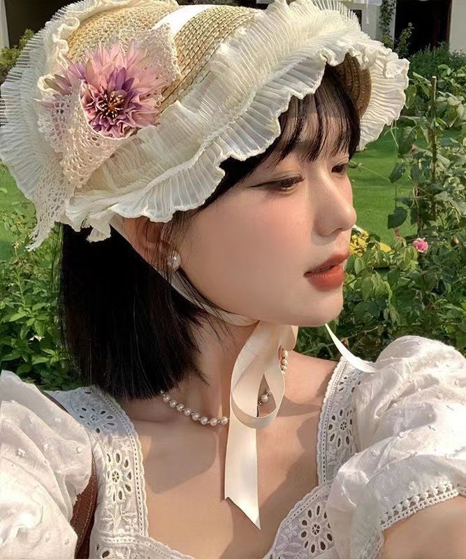 French Pink Purple Lace Flower Ruffles Grass Woven Sun Hat