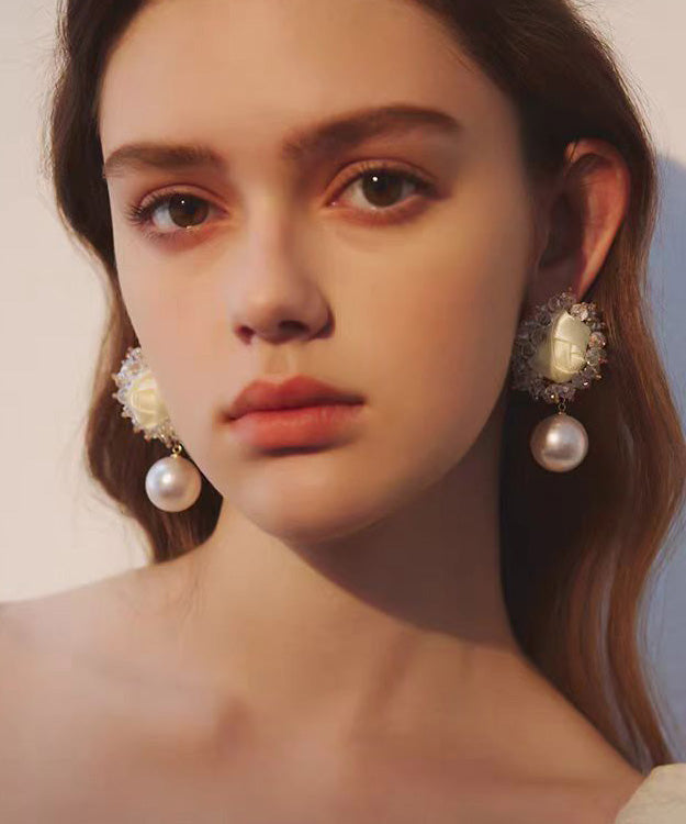 French Pink Rose Crystal Pearl Stud Earrings
