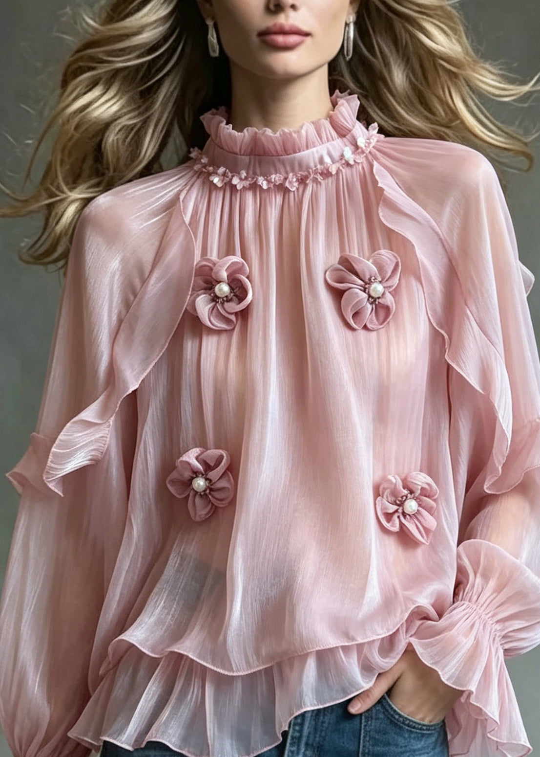 French Pink Ruffled Floral Nail Bead Patchwork Chiffon Tops Fall