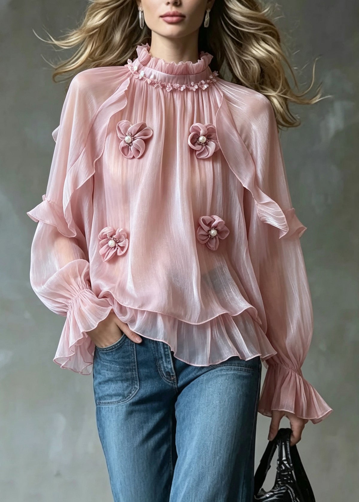 French Pink Ruffled Floral Nail Bead Patchwork Chiffon Tops Fall