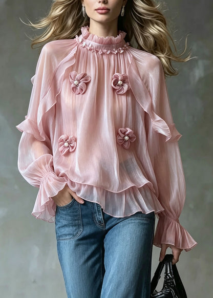 French Pink Ruffled Floral Nail Bead Patchwork Chiffon Tops Fall