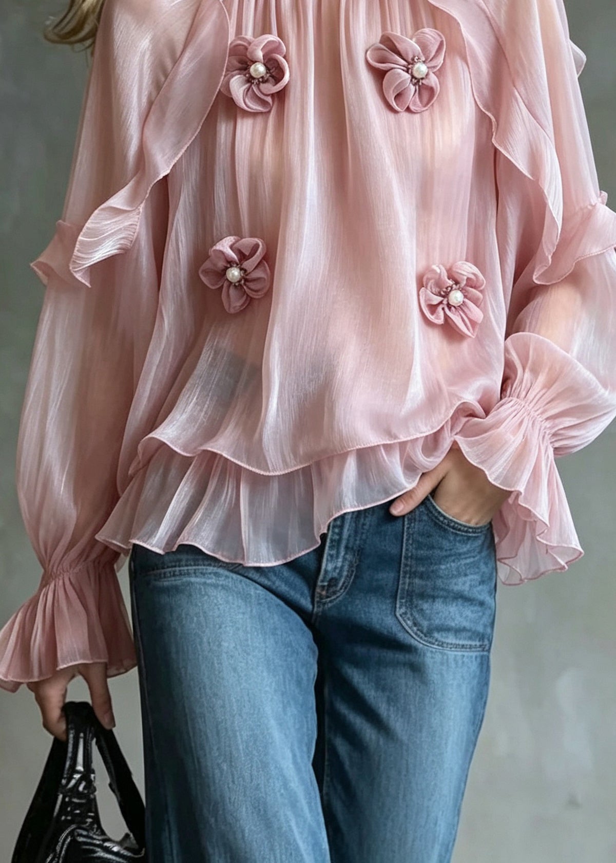 French Pink Ruffled Floral Nail Bead Patchwork Chiffon Tops Fall