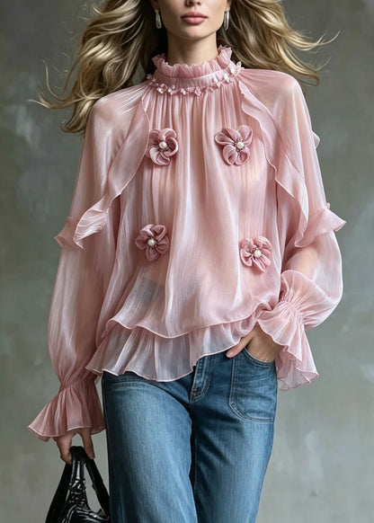 French Pink Ruffled Floral Nail Bead Patchwork Chiffon Tops Fall