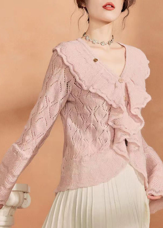 French Pink Ruffled Hollow Out Knit Sweaters Flare Sleeve