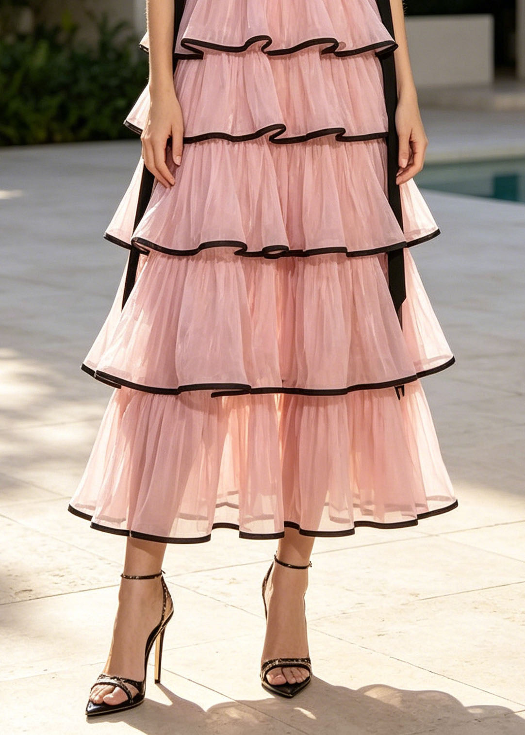French Pink Ruffled Layered Chiffon Holiday Dress Summer