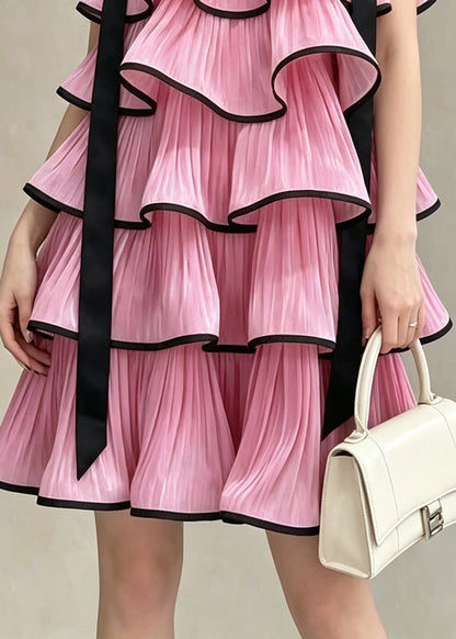 French Pink Ruffled Layered Chiffon Mini Dresses Summer