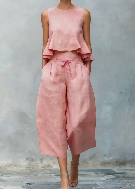 French Pink Ruffled Linen Two Pieces Set Summer