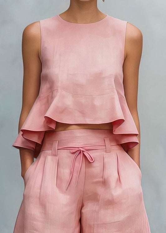 French Pink Ruffled Linen Two Pieces Set Summer