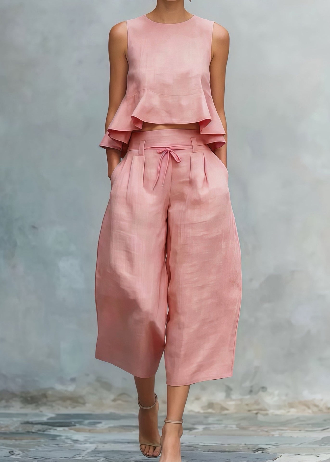 French Pink Ruffled Linen Two Pieces Set Summer