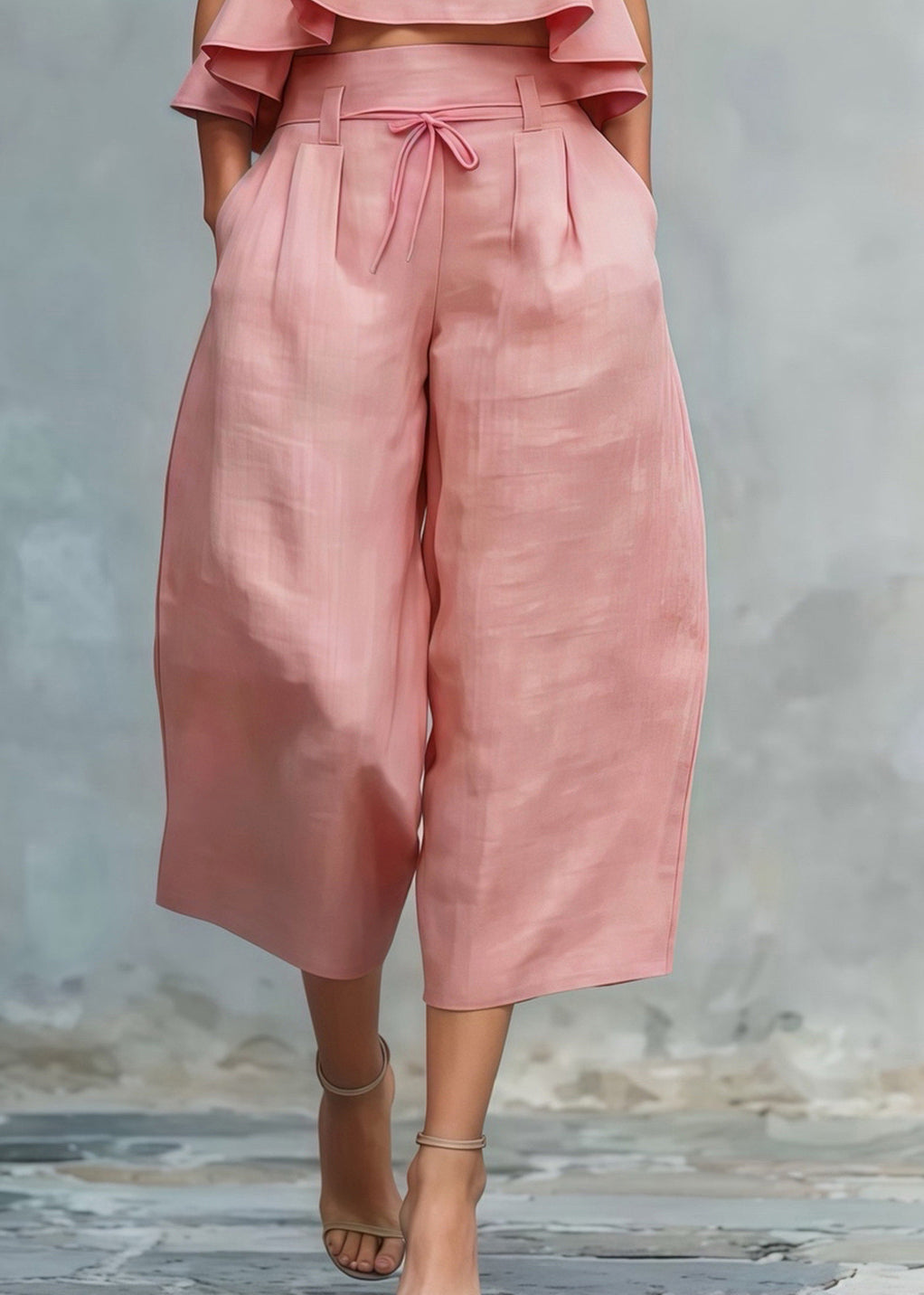 French Pink Ruffled Linen Two Pieces Set Summer