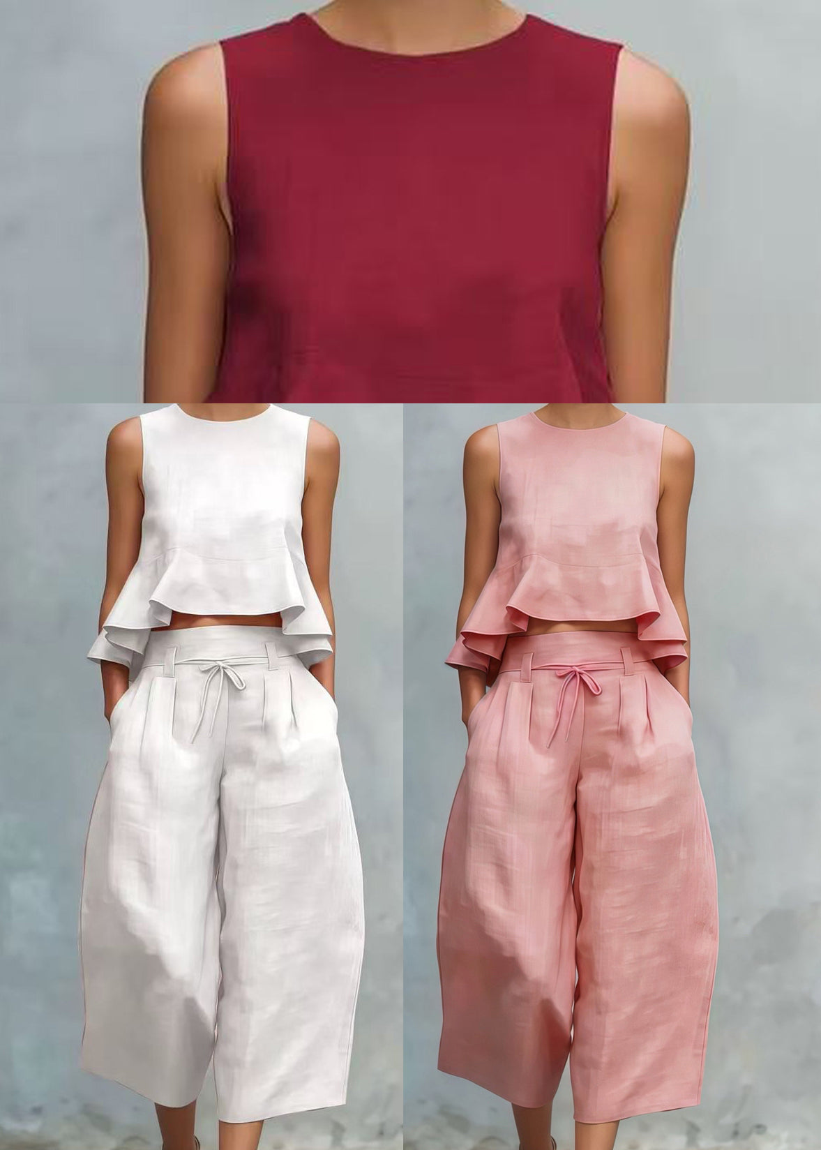 French Pink Ruffled Linen Two Pieces Set Summer