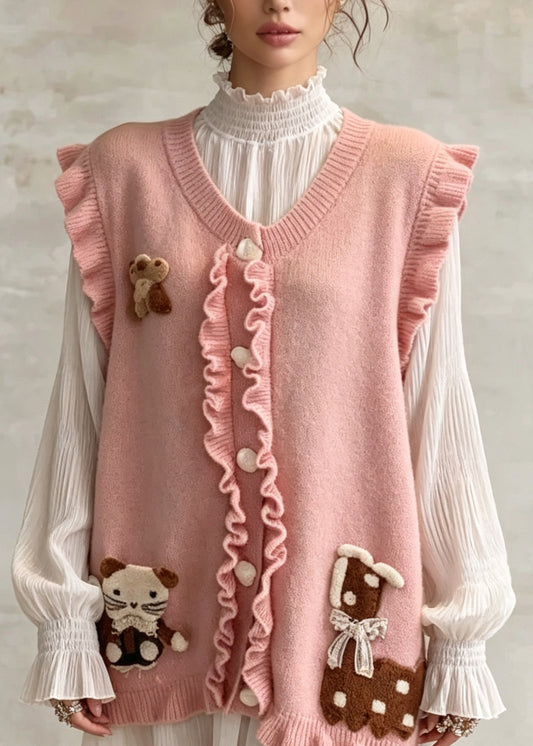 French Pink Ruffled Patchwork Knit Vest Sleeveless