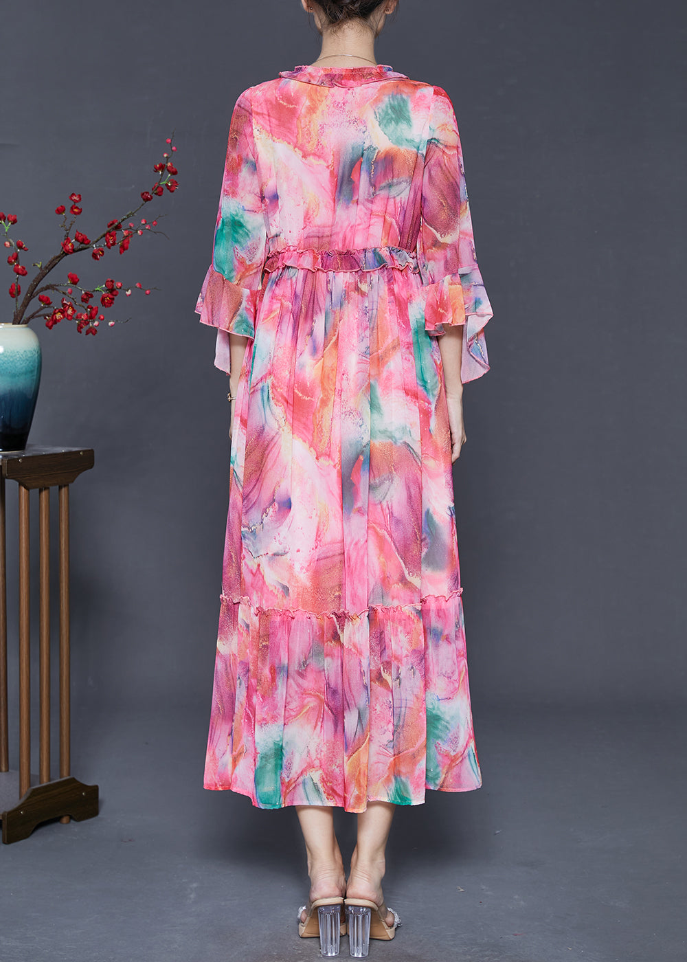 French Pink Ruffled Print Chiffon Party Dress Flare Sleeve